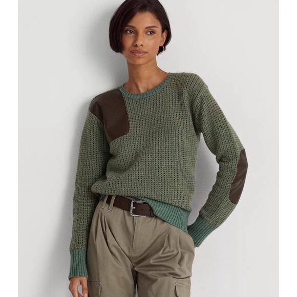 Ralph Lauren Sweaters - Ralph Lauren Wool Knit Sweater Faux Leather Green Brown Jumper Small Equestrian